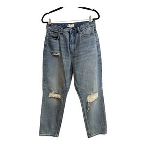 Free People Light Wash Distressed Holey High Waisted Mom Straight Jean Size 30